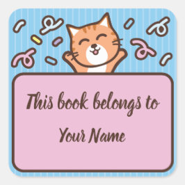 Cuadrada Pegatina de ex libris personalizada de gato lindo