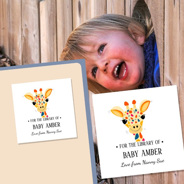 Cuadrada Pegatina de ex libris personalizada de jirafa ador (Subido por el creador)
