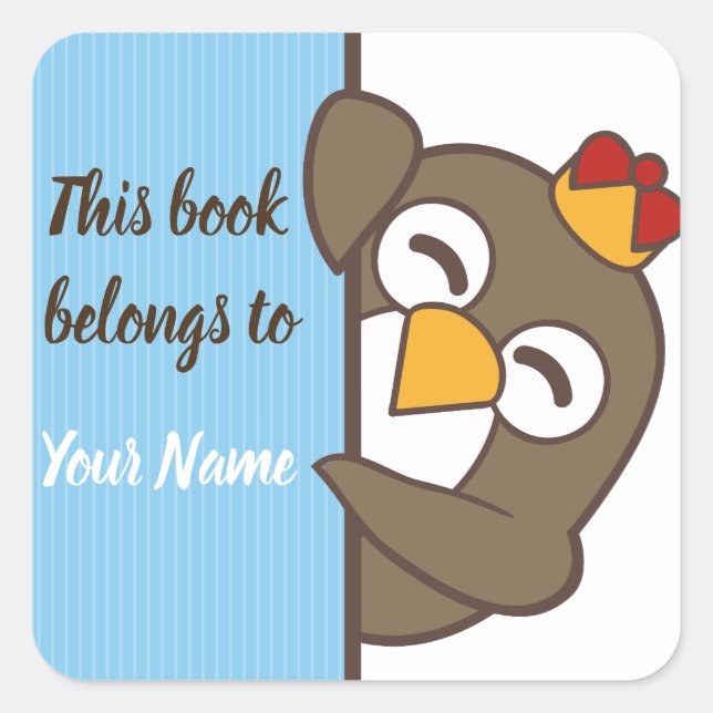 Cuadrada Pegatina de ex libris personalizada de pingüino (Anverso)