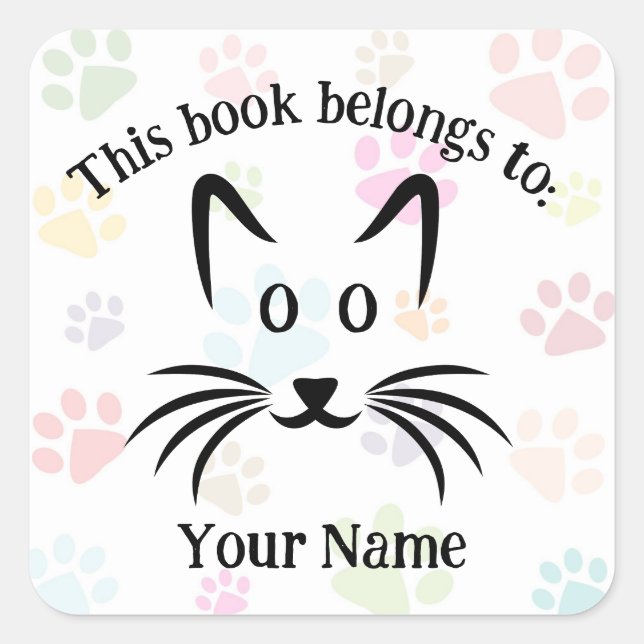 Cuadrada Pegatina de exlibris con diseño de cara de gato y  (Anverso)
