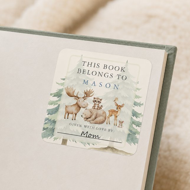 Cuadrada Pegatina de exlibris de animales del bosque de mad (Cute Woodland Forest Animals Bookplate Sticker)