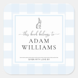 Cuadrada Pegatina de exlibris de conejo de gingham azul