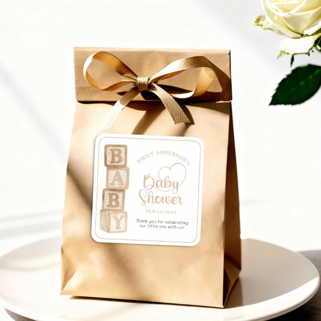 Cuadrada Pegatina de Favor de Baby Shower Bloques Bebé Taup (Baby Shower Favor Sticker)