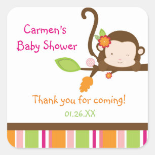 Cuadrada Pegatina de Favor de Baby Shower de Mono Niña Peek