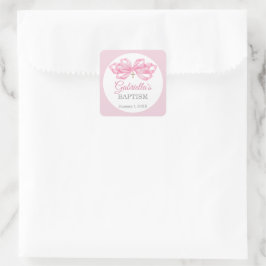 Cuadrada Pegatina de Favor de Bautizo con Lazo Rosa Persona