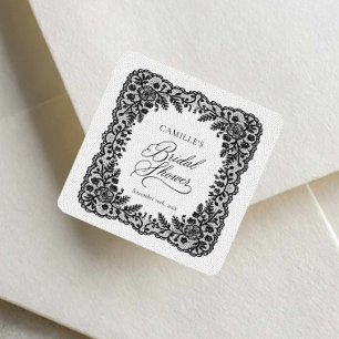Cuadrada Pegatina de Favor de Boda de Encaje Negro