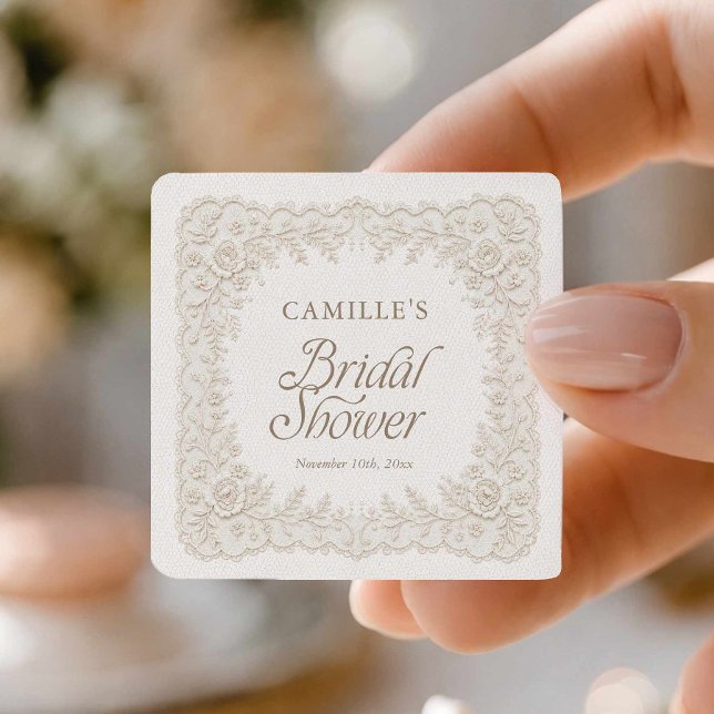 Cuadrada Pegatina de Favor de Despedida de Soltera de Encaj (Beige Lace Bridal Shower Favor Sticker)