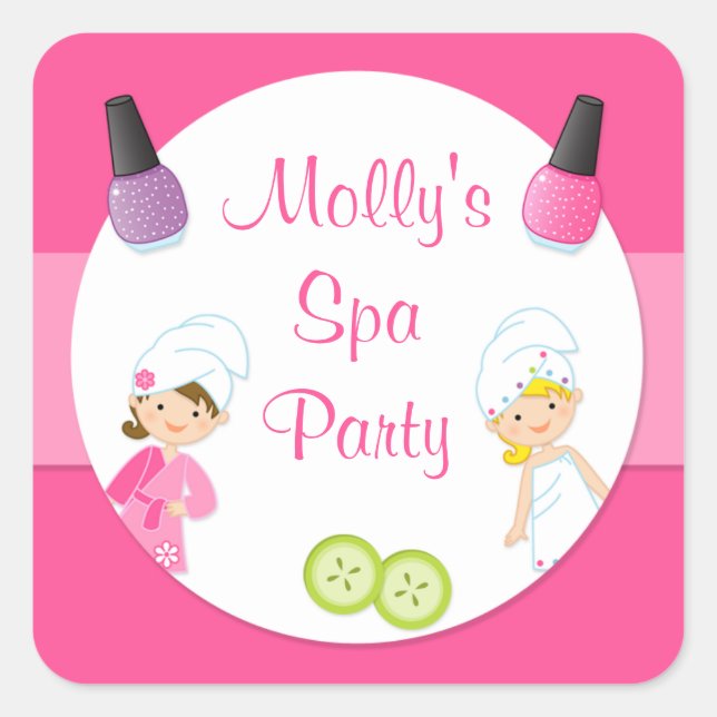 Cuadrada Pegatina de favor de fiesta de spa (Anverso)