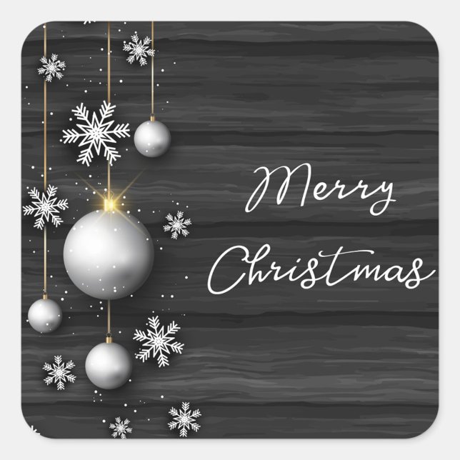 Cuadrada Pegatina de Feliz Navidad (A square Christmas sticker features a dark gray wood-grain background with horizontal lines.)