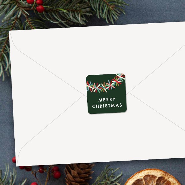 Cuadrada Pegatina de Feliz Navidad con Guirnalda de Purpuri (Subido por el creador)