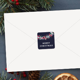 Cuadrada Pegatina de Feliz Navidad con Guirnalda de Purpuri