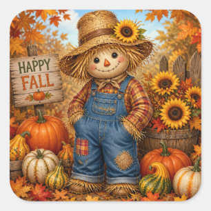 Cuadrada Pegatina de Feliz Otoño con Espantapájaros