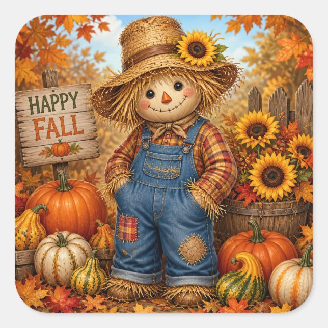 Cuadrada Pegatina de Feliz Otoño con Espantapájaros (Anverso)