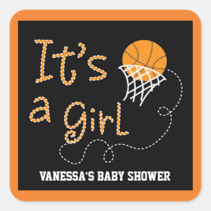 Cuadrada Pegatina de fiesta de baby shower de baloncesto ES