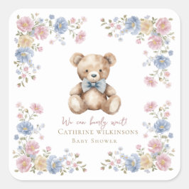 Cuadrada Pegatina de fiesta de bebé con oso de peluche flor