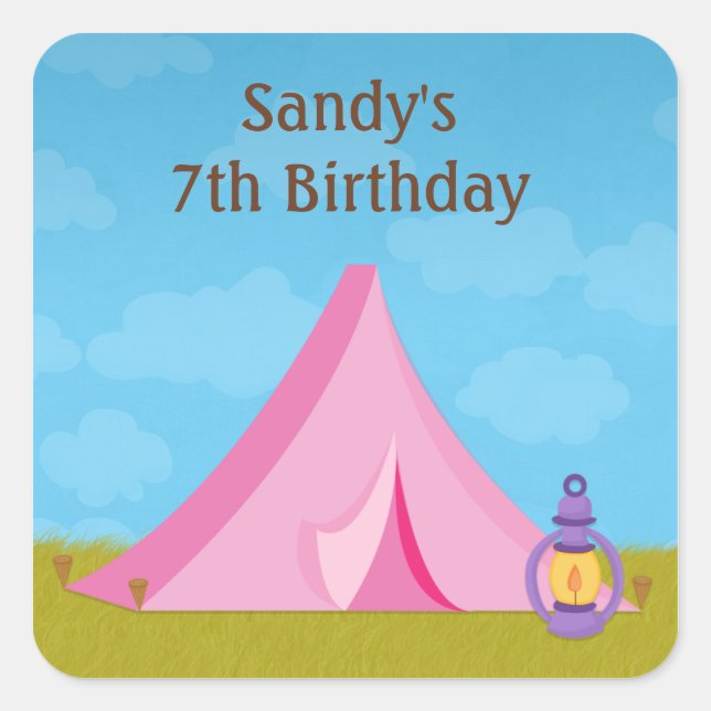 Cuadrada Pegatina de fiesta de cumpleaños de camping (Anverso)
