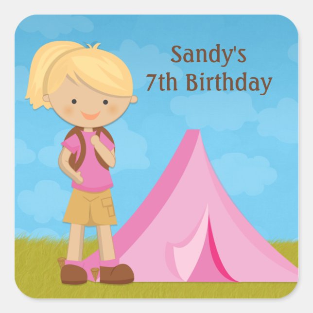 Cuadrada Pegatina de fiesta de cumpleaños de camping (Anverso)