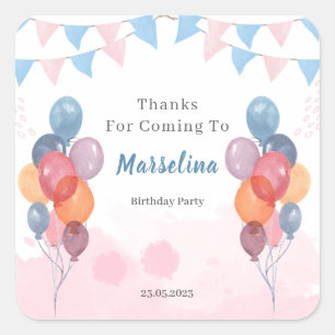 Cuadrada Pegatina de fiesta de cumpleaños de chica de globo