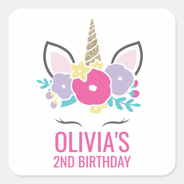 Cuadrada Pegatina de fiesta de cumpleaños de unicornio flor (Anverso)