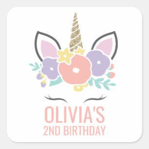 Cuadrada Pegatina de fiesta de cumpleaños de unicornio flor