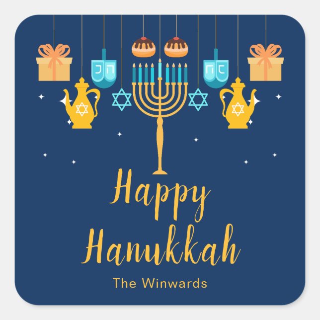 Cuadrada Pegatina de fiesta de Janucá con menorá (Anverso)