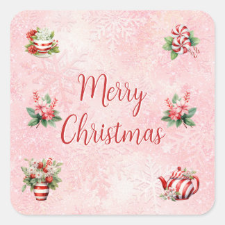 Cuadrada Pegatina de fiesta de té de Navidad con menta rosa