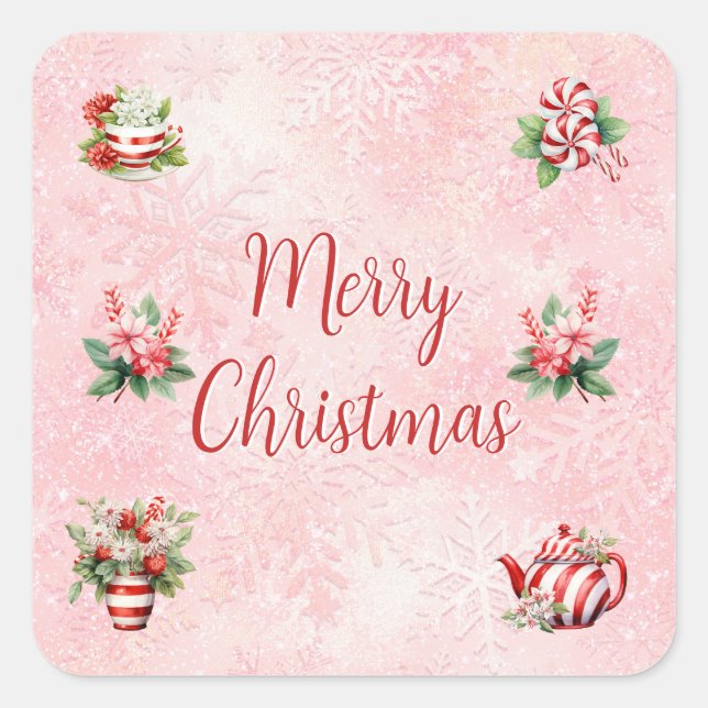 Cuadrada Pegatina de fiesta de té de Navidad con menta rosa (Anverso)