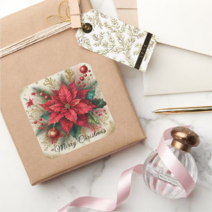 Cuadrada Pegatina de Flor de Poinsettia Roja de Navidad