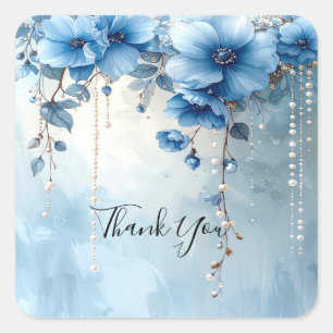 Cuadrada Pegatina de flores azules y perlas