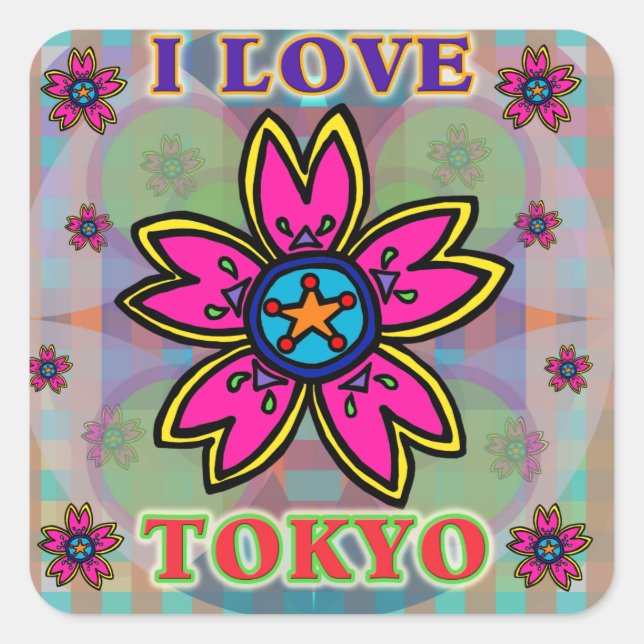 Cuadrada pegatina de flores "I LOVE TOKYO" (Anverso)