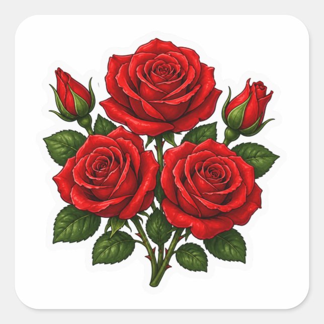 Cuadrada Pegatina de fondo floral romántico de rosas rojas (Anverso)