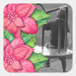 Cuadrada Pegatina de foto de Navidad de poinsettia