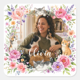 Cuadrada Pegatina de foto personalizada de gato y flores pa