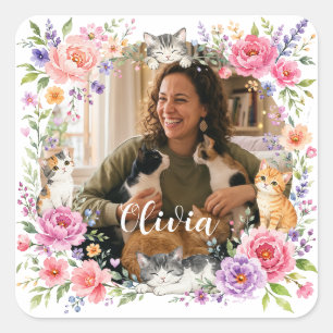 Cuadrada Pegatina de foto personalizada de gato y flores pa