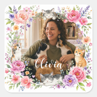 Cuadrada Pegatina de foto personalizada de gato y flores pa