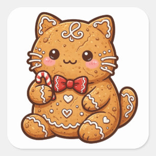 Cuadrada Pegatina de galleta de Navidad de gato de jengibre
