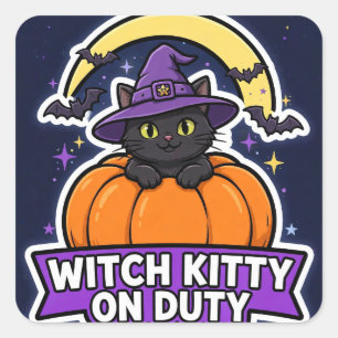 Cuadrada Pegatina de Gatita Bruja de Servicio — Calabaza Ga