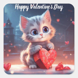 Cuadrada Pegatina de gatito El día de San Valentín