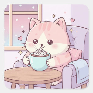 Cuadrada Pegatina de gato acogedor – Kawaii pastel adorable