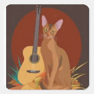 Cuadrada Pegatina de gato acogedor y guitarra