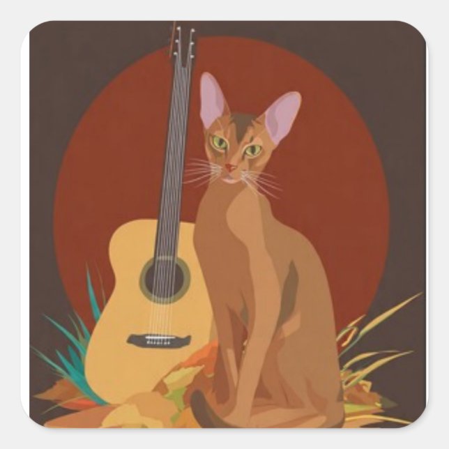 Cuadrada Pegatina de gato acogedor y guitarra (Anverso)