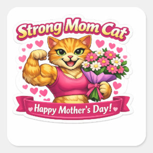 Cuadrada Pegatina de gato de mamá fuerte - Regalo divertido