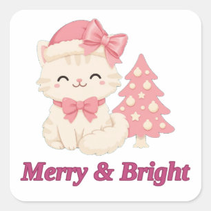 Cuadrada Pegatina de gato de Navidad rosa alegre y brillant