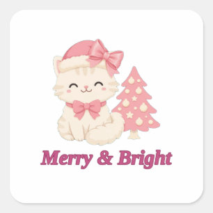 Cuadrada Pegatina de gato de Navidad rosa alegre y brillant