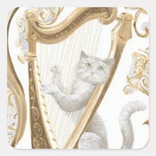 Cuadrada Pegatina de gato elegante con arpa – Fantasía mini