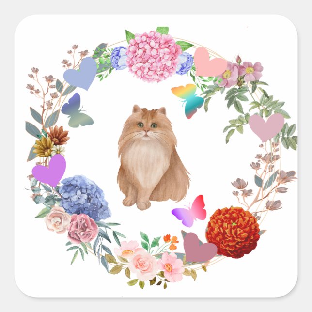 Cuadrada Pegatina de gato floral (Anverso)