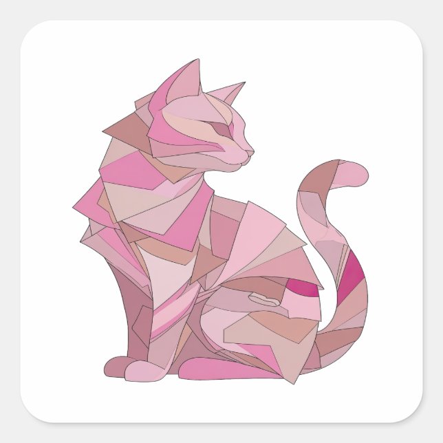 Cuadrada Pegatina de GATO GEOMÉTRICO ROSA PLATA que llama l (Anverso)