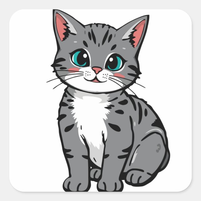 Cuadrada Pegatina de gato gris atigrado lindo – Gatito de d (Anverso)