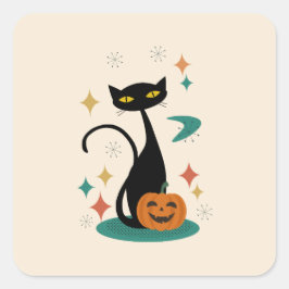 Cuadrada Pegatina de gato negro de Halloween Mid Century