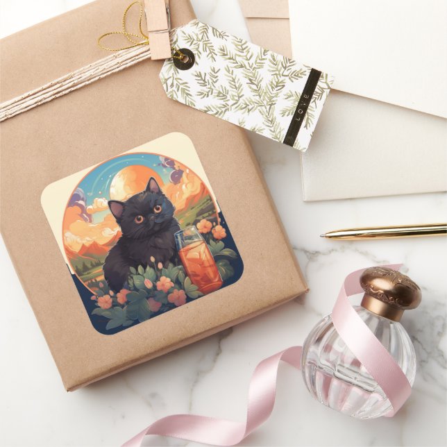 Cuadrada Pegatina de gato negro lindo (Regalar)